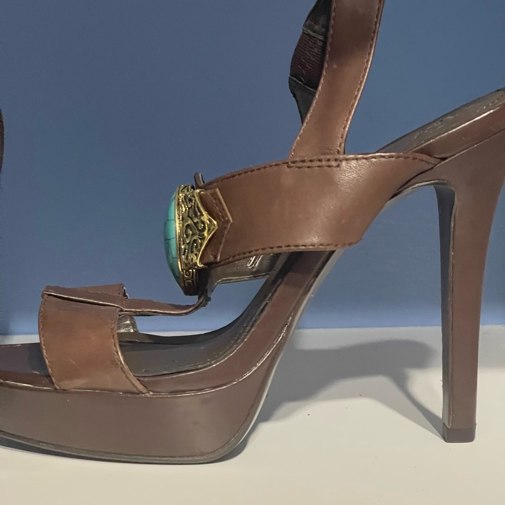 BCBGeneration Brown High Heel Sandals with Gold & Turquoise Accent
